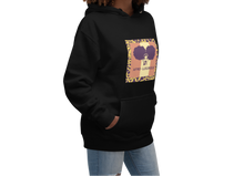 Load image into Gallery viewer, Woman wearing a black hoodie with a graphic design of woman with two afro puffs with text, "AFRO-LUXURIOUS" on the front, also featuring a hood and a front pouch pocket, with matching flat drawstrings.