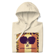 Load image into Gallery viewer, A bone color hoodie with a graphic design of woman with two afro puffs with text, "AFRO-LUXURIOUS" on the front, also featuring a hood and a front pouch pocket, with matching flat drawstrings.