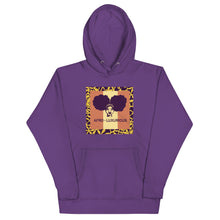 Load image into Gallery viewer, A purple hoodie with a graphic design of woman with two afro puffs with text, "AFRO-LUXURIOUS" on the front, also featuring a hood and a front pouch pocket, with matching flat drawstrings.