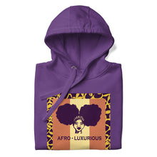Load image into Gallery viewer, A purple hoodie with a graphic design of woman with two afro puffs with text, "AFRO-LUXURIOUS" on the front, also featuring a hood and a front pouch pocket, with matching flat drawstrings.