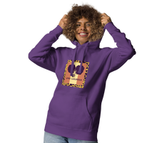 Load image into Gallery viewer, Woman wearing a purple hoodie with a graphic design of woman with two afro puffs with text, "AFRO-LUXURIOUS" on the front, also featuring a hood and a front pouch pocket, with matching flat drawstrings.