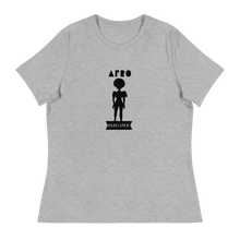 Load image into Gallery viewer, Women's heather grey relaxed fit t-shirt with 'AFRO Elegance' text and silhouette design on the front.