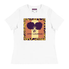 Load image into Gallery viewer, Relaxed fit white t-shirt with a graphic print in the center that reads 'AFRO - LUXURIOUS' surrounded by a purple and yellow pattern.
