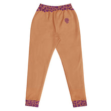Load image into Gallery viewer, Caramel color pants with purple leopard print patterned waistband and cuffs on a white background