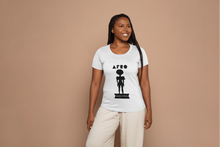 Load image into Gallery viewer, Black Woman wearing a women's white relaxed fit t-shirt with 'AFRO Elegance' text and silhouette design on the front.