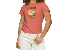 Load image into Gallery viewer, Young woman wearing a coral t-shirt with a graphic design of Earth melting and text "DIVERSE AS" on a white background