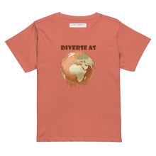 Load image into Gallery viewer, Coral t-shirt with a graphic of a melting planet Earth and the word 'DIVERSE' on a white background.