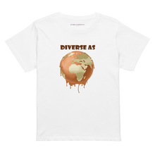 Load image into Gallery viewer, White t-shirt with a graphic of a melting Earth and 'DIVERSE AS' text on a white background