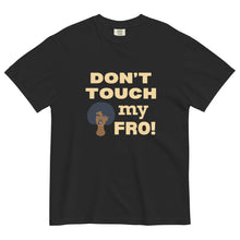 Load image into Gallery viewer, Don’t Touch My Fro Hoodie by ClarkieShop — bold graphic afro design celebrating natural hair and self-respect. Purple t-shirt with 'Don't Touch My Fro!' text and graphic.