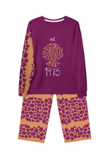 Load image into Gallery viewer, Purple and orange pajama set with leopard print design on a white background
