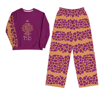 Load image into Gallery viewer, Purple and orange pajama set with a pattern on a white background