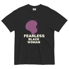 Load image into Gallery viewer, Fearless Black Woman T-Shirt by ClarkieShop featuring bold afro silhouette and empowering typography. Black t-shirt with a purple silhouette and 'Fearless Black Woman' text.