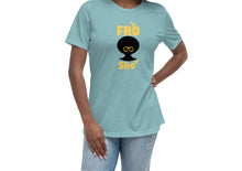Load image into Gallery viewer, A woman wearing a light-blue women's relaxed fit t-shirt with a crew neck and short sleeves, featuring the text 'FRO SHO' in yellow and black.