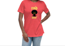 Load image into Gallery viewer, A woman wearing a red relaxed fit t-shirt with a crew neck and short sleeves, featuring the text 'FRO SHO' in yellow and black.