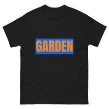 Load image into Gallery viewer, Black t-shirt with 'GARDEN' printed in orange and blue on a white background