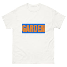 Load image into Gallery viewer, White t-shirt with 'GARDEN' printed in orange and blue on a white background