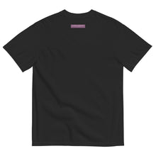 Load image into Gallery viewer, Black t-shirt with a small purple Flowin Positivity logo on the back against a white background