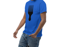 Load image into Gallery viewer, Man wearing a blue t-shirt with a black  afro pick design on a white background