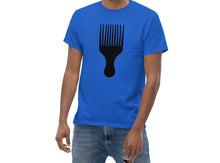 Load image into Gallery viewer, Man wearing an blue t-shirt with a black afro pick design on a white background