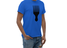 Load image into Gallery viewer, Man wearing a blue t-shirt with a black afro pick  design on a white background