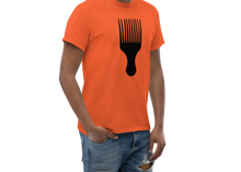 Load image into Gallery viewer, Man wearing an orange t-shirt with a black comb design on a white background