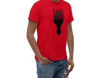 Load image into Gallery viewer, Man wearing a red t-shirt with a black afro pick design on a white background