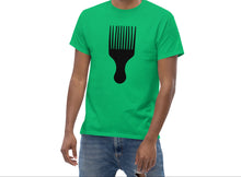 Load image into Gallery viewer, Man wearing a Irish Green t-shirt with a black afro pick design on a white background