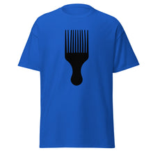 Load image into Gallery viewer, Blue t-shirt with a black afro pick design on a white background