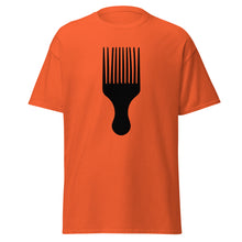 Load image into Gallery viewer, JUMBO Afro Pick - Unisex Classic  T-shirt, black afro pick design on orange t-shirt.