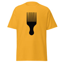 Load image into Gallery viewer, Yellow t-shirt with a black afro pick design on a white background
