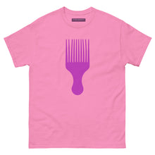 Load image into Gallery viewer, Pink t-shirt with a Vivid Pink afro pick graphic on a white background