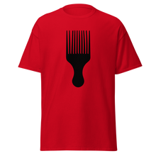 Load image into Gallery viewer, Red t-shirt with a black afro pick graphic on a white background