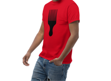 Load image into Gallery viewer, Man wearing a red t-shirt with a black graphic design on a white background