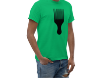 Load image into Gallery viewer, Man wearing a green t-shirt with a black afro pick design on a white background
