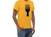 Load image into Gallery viewer, Man wearing a yellow t-shirt with a black afro pick design on a white background