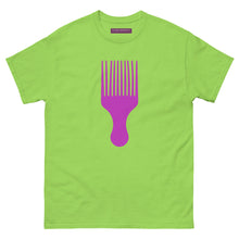Load image into Gallery viewer,  Lime green t-shirt with a vivid pink afro pick design on a white background