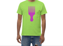 Load image into Gallery viewer, Person wearing a bright green t-shirt with a purple comb design on a white background