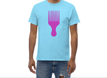 Load image into Gallery viewer, Man wearing a light blue t-shirt with a pink afro pick graphic on a white background
