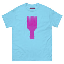 Load image into Gallery viewer, Light blue t-shirt with a pink afro pick graphic on a white background