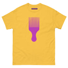 Load image into Gallery viewer,  Yellow t-shirt with a vivid pink afro pick design on a white background