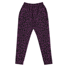 Load image into Gallery viewer, Purple joggers with black leopard print pattern on a white background