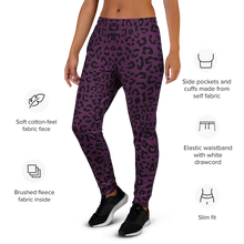 Load image into Gallery viewer, Purple leopard print leggings with text describing features on a white background