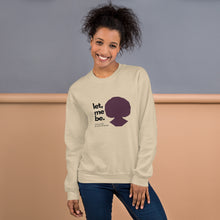 Load image into Gallery viewer, A woman wearing  a sand sweatshirt with text 'let, me be. FEARLESS BLACK WOMAN' and a silhouette of a woman's head.