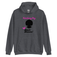 Load image into Gallery viewer, Minding My Black Bizness Hoodie by ClarkieShop — modern typography design symbolizing focus, confidence, and independence. Gray hoodie with a black silhouette and text design