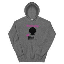 Load image into Gallery viewer, Minding My Black Bizness Hoodie by ClarkieShop — modern typography design symbolizing focus, confidence, and independence. Gray hoodie with a black silhouette and text design