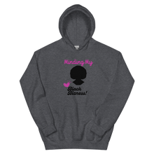 Load image into Gallery viewer, Minding My Black Bizness Hoodie by ClarkieShop — modern typography design symbolizing focus, confidence, and independence. Gray hoodie with a black silhouette and text design