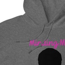 Load image into Gallery viewer, Minding My Black Bizness Hoodie by ClarkieShop — modern typography design symbolizing focus, confidence, and independence. Gray hoodie with a black silhouette and text design. Gray hoodie with pink text extreme close up-details. Gray hoodie with 'Missing M' text in pink on a white background