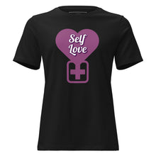 Load image into Gallery viewer, Black t-shirt with a purple heart and 'Self Love' text on a white background