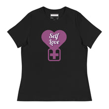 Load image into Gallery viewer, Black t-shirt with a pink heart and 'Self Love' text on a white background