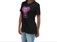 Load image into Gallery viewer, Woman wearing a black t-shirt with a purple heart design and 'Self Love' text on a white background